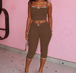 Viviblook Z402ST02 Women Summer <b>Set</b> New Sexy Lace Vest Tank Top Capris Pants Two Piece Casual <b>Set</b> - Product Image 3