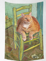 Tapisserie d'art inspirée de Van Gogh et de Monet, Chat Orange Nuit Étoilée, Récréation artistique, Décoration murale personnalisée adaptée aux animaux domestiques pour chambre à coucher