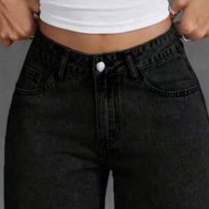 Pantalon en <span class=keywords><strong>jean</strong></span> délavé noir taille mi-haute à jambe large pour adolescentes, doux, polyvalent, décontracté, style urbain, OEM ODM, vente en gros - Product Image 3