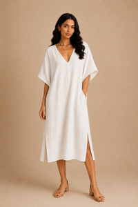 Vestido caftán de algodón blanco para mujer con cuello en V, mangas cortas tipo murciélago, bolsillos laterales, aberturas laterales y silueta holgada y relajada - Product Image 2