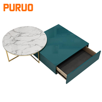 Table basse moderne carrée modulaire en 2 pièces PURUO, pieds en acier inoxydable doré, plateau en MDF et marbre pour salon