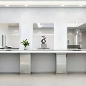 Modern Stainless Steel Double Sided Salon <b>Workstation</b> with LED Light Mirror Station for Professional Hair Salons - Product Image 5