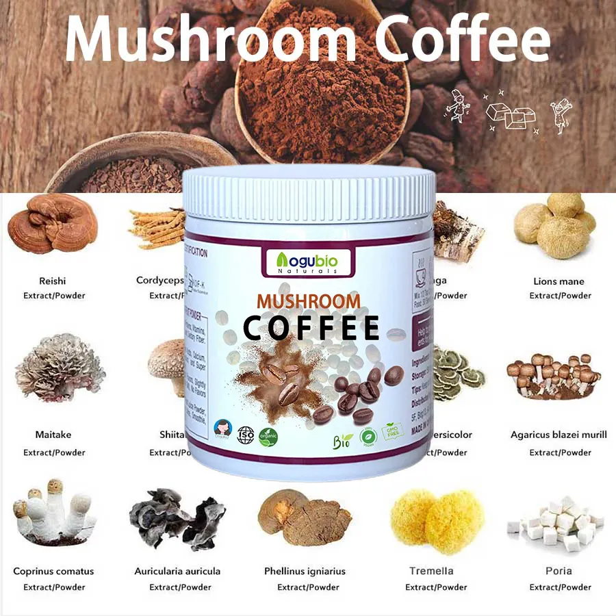 Perpaduan organik bubuk jamur Label pribadi rasa kopi bubuk campuran jamur instan