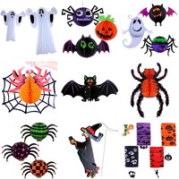 Décorations d'Halloween : Ensemble d'accessoires pour créer des scènes, ornements suspendus fantômes, sorcières, araignées, chauves-souris, lanternes en papier citrouille (Fabriqué en Chine)