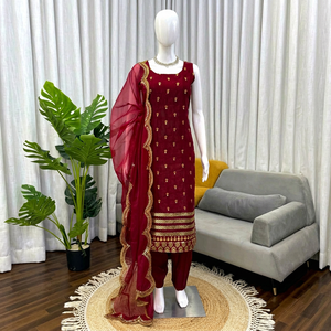 Conjunto de Salwar Kameez Bordado Color Borgoña con Dupatta de Chifón, Traje Indio-Pakistaní para Mujer, Ideal para Bodas y Fiestas - Product Image 1