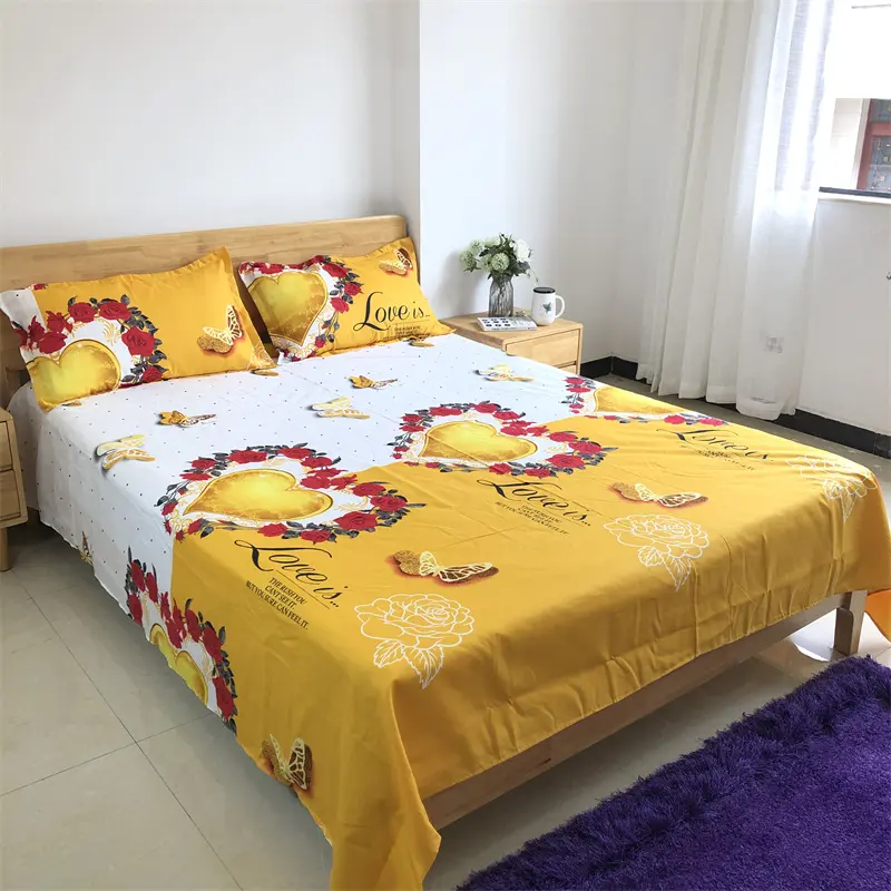 बिस्तर शीट सेट पीला दिल बिस्तर सेट राजा रानी डबल एकल आकार के साथ 3 टुकड़ा चादरें Pillowcase