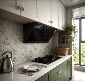 Ensemble complet d'armoires de cuisine en noyer de luxe avec plan de travail en marbre incrusté, garde-manger coulissant et tiroirs de rangement pour la cuisine - Product Image 1