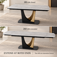 Table à manger moderne extensible en céramique 180-260 cm avec plateau en verre trempé et base en bronze noir pour salle à manger