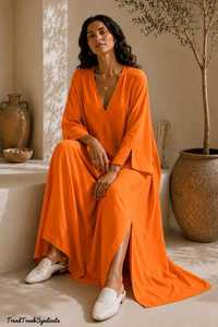 Robe longue en tricot orange pour femme, col en V, manches courtes, coupe trapèze, élégante, pour soirée, ample, style caftan, longue et fluide, pour la plage - Product Image 1