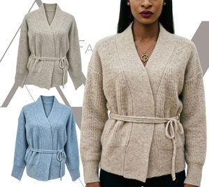 Cárdigan de punto cruzado con cinturón para mujer, cuello en V, suéter corto de punto acanalado, abrigo de punto holgado de manga larga, top de punto oversize - Product Image 2
