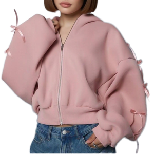 Sudadera con capucha rosa de moda 2064, estilo coquette, con cremallera, oversize, de forro polar para mujer, con mangas de cinta, estilo estético urbano, sudadera corta. - Product Image 1