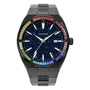 42mm Men's Diamond Dial Rainbow Frosted Quartz Watch