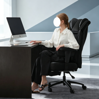 Chaise de bureau en cuir noir à dossier haut avec massage, pivotante, repose-pieds, accoudoirs réglables, inclinable, pour ordinateur