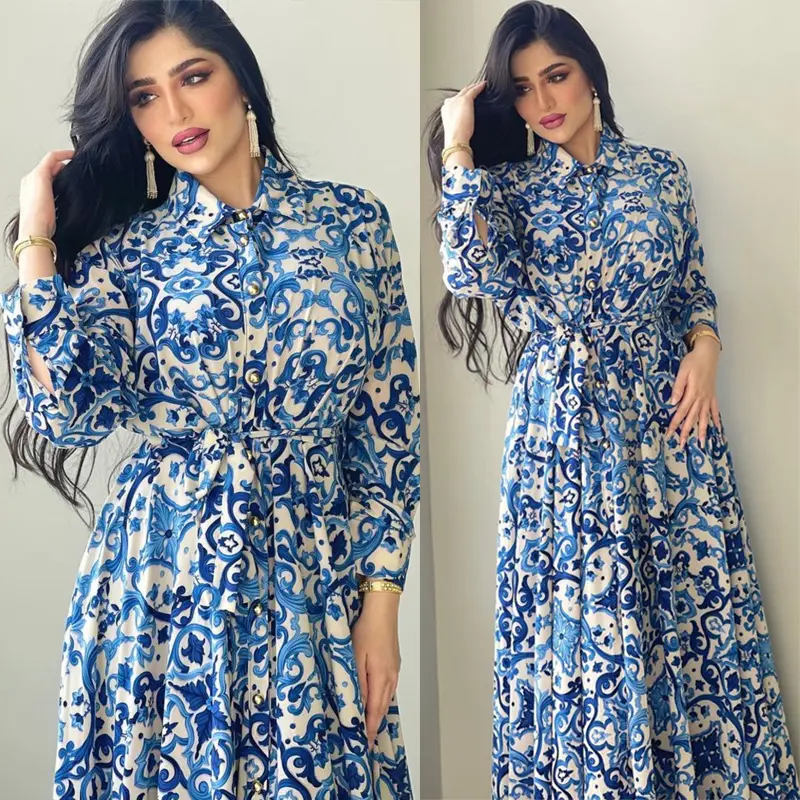 Fashion New Release Blue Floral Print Long Sleeve Casual Shirt Dress Women Elegant Maxi Dress Muslim And Southeast Asia Style