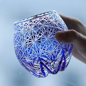 330毫升日式江户纪子老式威士忌不倒翁手工雕刻斜坡 & 钻石图案玻璃蓝色LACC品牌 - Product Image 2