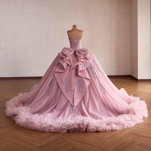 Rsm261029 Magnifique Robe de Bal Quinceañera en Chiffon Rose, Décolleté Cœur, Sans Manches, Dos Lacé, Nœud Pailleté, pour Soirée - Product Image 6
