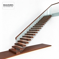 Escalier droit sur mesure avec marches en bois à montantes ouvertes, balustrade en verre sans cadre, bande lumineuse LED, pour appartement, villa, hôtel