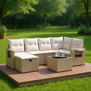 ชุดโซฟาสวนหวายเทียมสีเบจแบบโมดูลาร์ 6 ที่นั่ง เฟอร์นิเจอร์กลางแจ้ง ดีไซน์ร่วมสมัย - Product Image 2