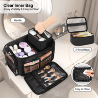 Organisateur de maquillage pliable en nylon avec fermeture éclair, grand format, sac de voyage cosmétique portable avec 2 pochettes et séparateurs amovibles