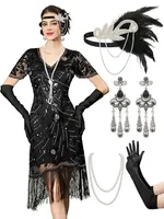 Robe à franges style Great Gatsby, ensemble d'accessoires 4 pièces, bandeau à plumes, gants, collier de perles, boucles d'oreilles, costume de cosplay pour Halloween