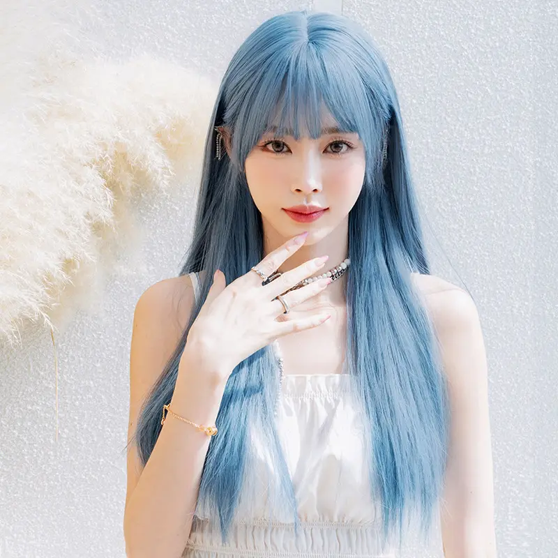 Ainizi Korean style 61cm natural straight blue gray synthetic heat resistant hair wigs with bangs for women