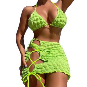 ชุดว่ายน้ำบิกินี่ 3 ชิ้น แบบ 3 มิติ ผ้าบับเบิ้ลสั่งทำพิเศษ สายรัดแบบโปร่ง สีพื้น พร้อมชุดเดรสคลุมว่ายน้ำ สำหรับผู้หญิง - Product Image 3