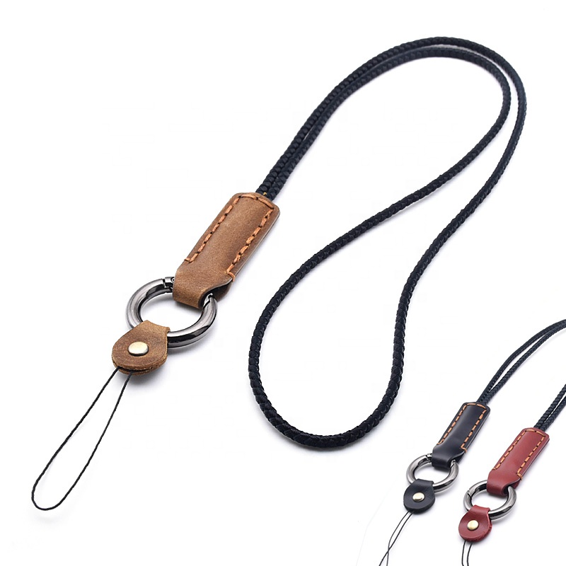 Custom Logo Detachable Metal Ring and Retro Genuine Leather String ID Card iPod Camera Key Chain Neck Mobile Phone Strap Lanyard