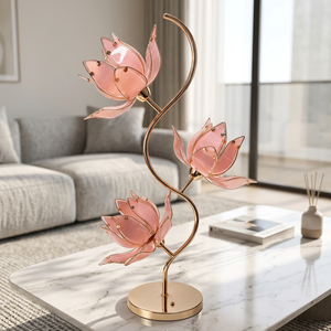 Lampe de table décorative Lotus, 3 têtes en pétales de verre rose sur support doré, lumière de chevet à douille E26 pour accent de salon - Product Image 2