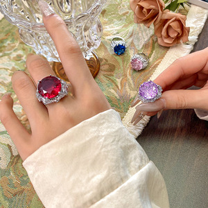 Fashion Jewelry Eco-friendly Copper Personalized 16MM Red Corundum Zircon Colored Cubic Zirconia <b>Adjustable</b> <b>Ring</b> for Women - Product Image 3