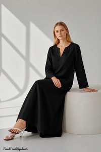 Black Linen Kaftan <b>Dress</b> V-neck A-Line <b>Belt</b> Maxi Cotton Lining Womens Flowing Beach Resort Vacation Wear B2B - Product Image 2