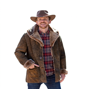 <b>Men's</b> Brown Suede <b>Leather</b> <b>Jacket</b> With Faux Fur Lining Turn-down Collar Windproof Winter Coat Regular Fit Casual Style - Product Image 1