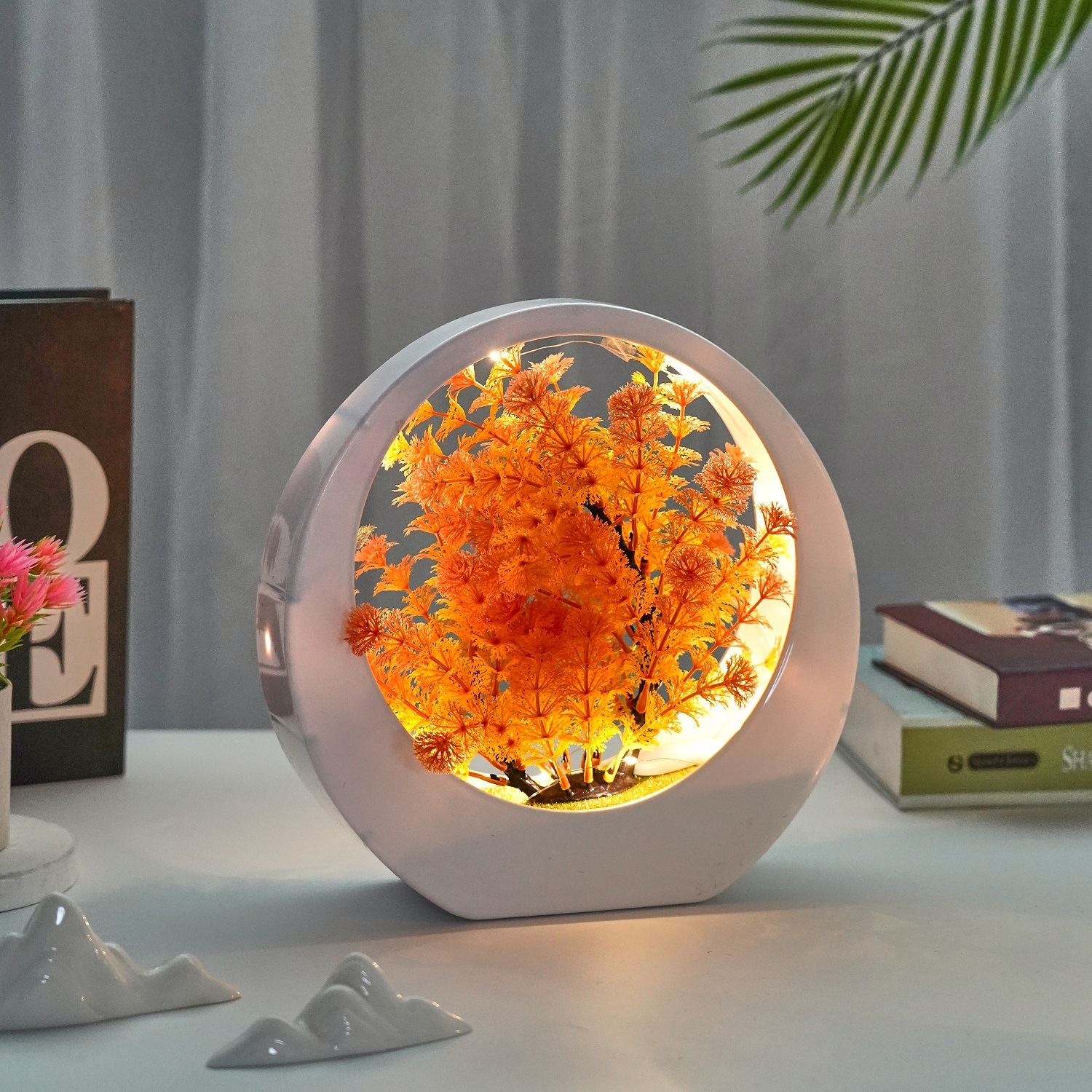 Fish Tank Grass Round Scenery - Maple Leaf Red (con luces)
