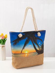 Bolsa de Compras de Lona de Moda de Verano, Bolsa de Playa de Algodón con Estampado de Palmeras de Coco, Gran Capacidad, para Mujer - Product Image 3