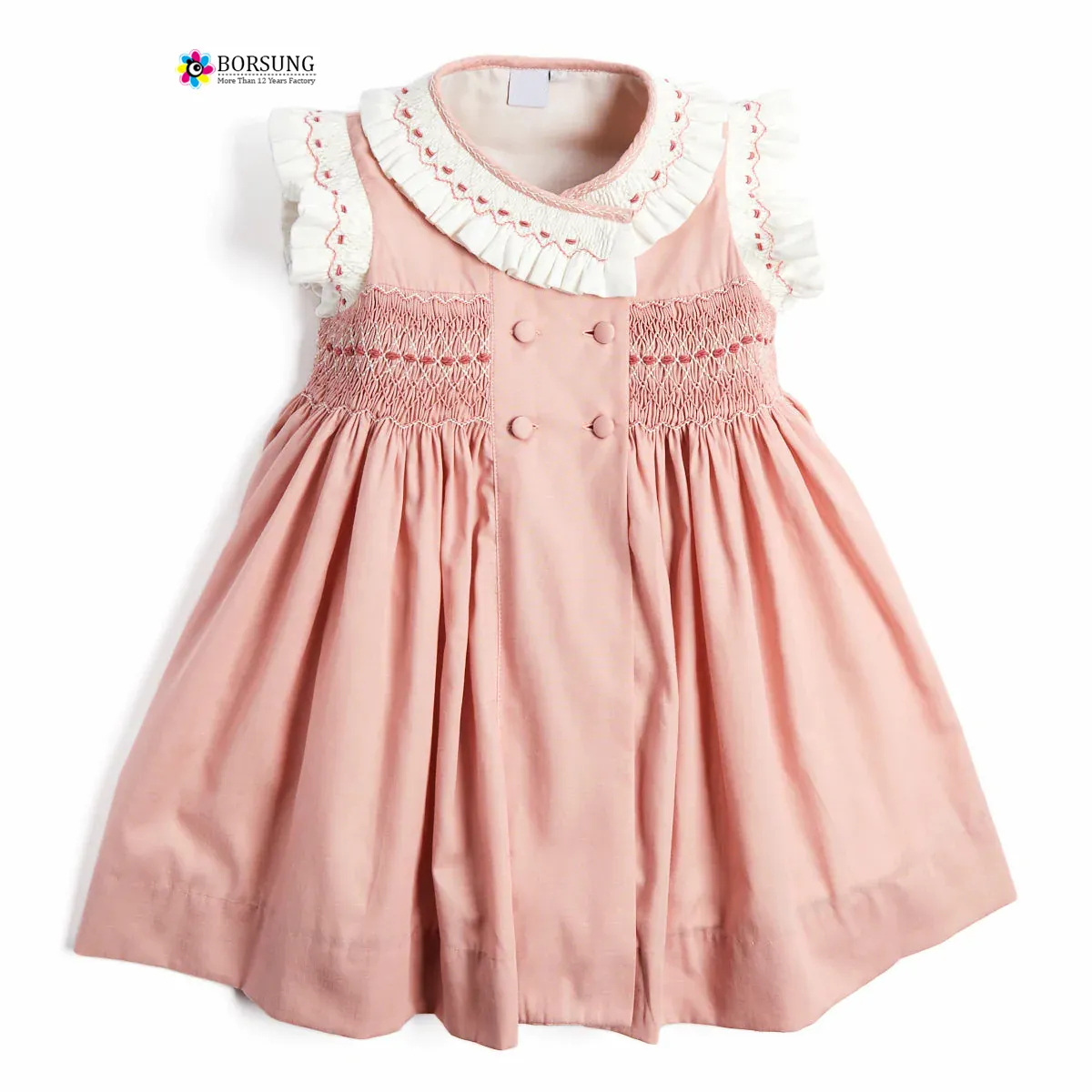 Wholesale New Fashion Custom Children Clothing Pleated Ruffled Sleeve Girls Pink Smocked Dress