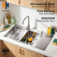 Robinet de cuisine moderne sous plan, double vasque, en acier inoxydable 304, fait main, avec levier argenté, montage monotrou