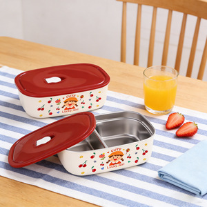 304 Stainless Steel Cherry Double Compartment Lunch <b>Box</b> With <b>Plastic</b> Lid For Students And Office Workers Microwaveable Bento <b>Box</b> - Product Image 1