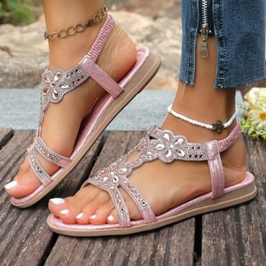Sandales plates pour femmes, décor floral en strass, bout ouvert, sangle élastique à la cheville, chaussures de plage d'été - Product Image 2