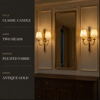 Applique murale LED classique avec abat-jour plissé, finition or antique, double bras, E14 12W, pour miroir de vanité, salle de bain, penthouse, chambre principale