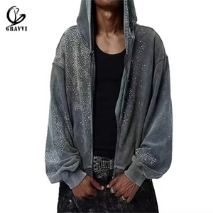 Custom Rhinestone Full Zip Washed Oversized Hoodie Streetwear Y2K Heavyweight Fleece Private Label OEM ODM MOQ Festival - Product Image 1