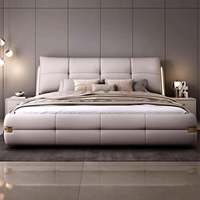 Ensemble de lit en cuir capitonné haut de gamme moderne et luxueux, cadre de lit King Size classique, design hôtelier crème avec éclairage LED, lit d'hôtel