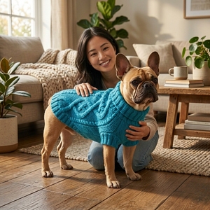 Pull pour chien en tricot torsadé bleu turquoise, col roulé, pull pour animaux de compagnie, doux et chaud, manteau pour <span class=keywords><strong>chiot</strong></span>, pour bouledogues <span class=keywords><strong>français</strong></span>, petits chiens - Product Image 2