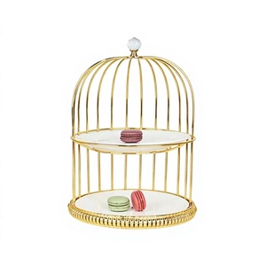 Support à gâteau en forme de cage à oiseaux dorée avec deux étages de plats blancs pour la présentation de cupcakes et desserts, vaisselle décorative réutilisable en métal pour les fêtes - Product Image 1