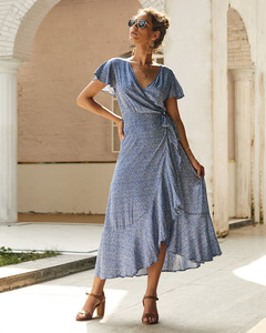 Abito da donna <span class=keywords><strong>con</strong></span> volant e scollo a V, maniche corte, in chiffon lungo al ginocchio, vita naturale, antipiega, per l'estate - Product Image 5