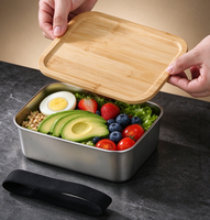 Boîte de rangement alimentaire en acier inoxydable de qualité alimentaire avec couvercle en bambou naturel, boîte à lunch rectangulaire, boîte de préparation de repas réutilisable