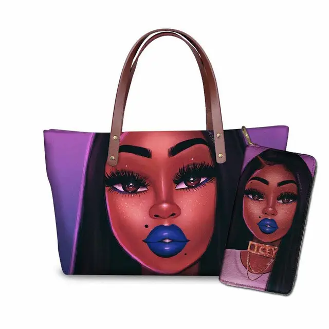 Luxury Design Handbags Ladies Women Black Art African Girl Printing 2pcs/set Hand Bag&Wallet Females Bolsas Purse