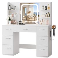 Coiffeuse moderne en bois massif et fer avec miroir lumineux, 5 tiroirs et station de charge - Table de maquillage de 50 pouces pour chambre à coucher