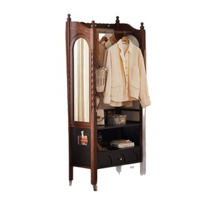 Perchero de madera maciza de estilo francés retro con espejo y almacenamiento para dormitorio y uso doméstico - Product Image 5