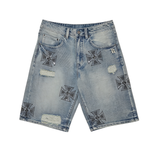 Vintage Faded Light Wash Distressed Cross Embroidered Loose Knee Length Denim Shorts <b>Rip</b> Patch Wide Leg <b>Jean</b> Cutoffs for <b>Men</b> - Product Image 3