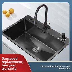 Évier de cuisine en acier inoxydable poli nano-noir, style chinois moderne, grand bac unique avec vidange, pour approvisionnement direct transfrontalier - Product Image 5