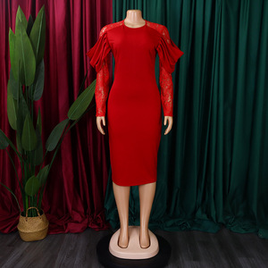 GX443D moda <span class=keywords><strong>primavera</strong></span> abiti Midi manica lunga in pizzo semplice stile Casual elegante abito da festa - Product Image 2